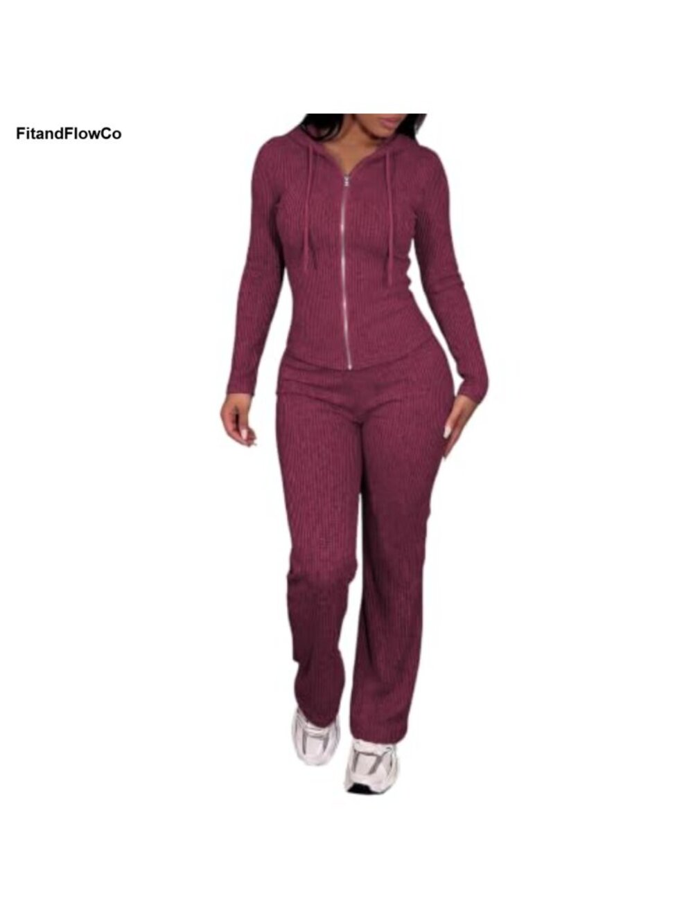 Ribbed Knit 2 Piece Set Zip Hoodie & Straight Leg Pants Casual Lounge